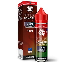 Hohes rotes Longfill Aroma Fläschchen für E-Zigaretten, Strong Cassis V2, 10 ml, nikotinfrei, europäische Qualität.