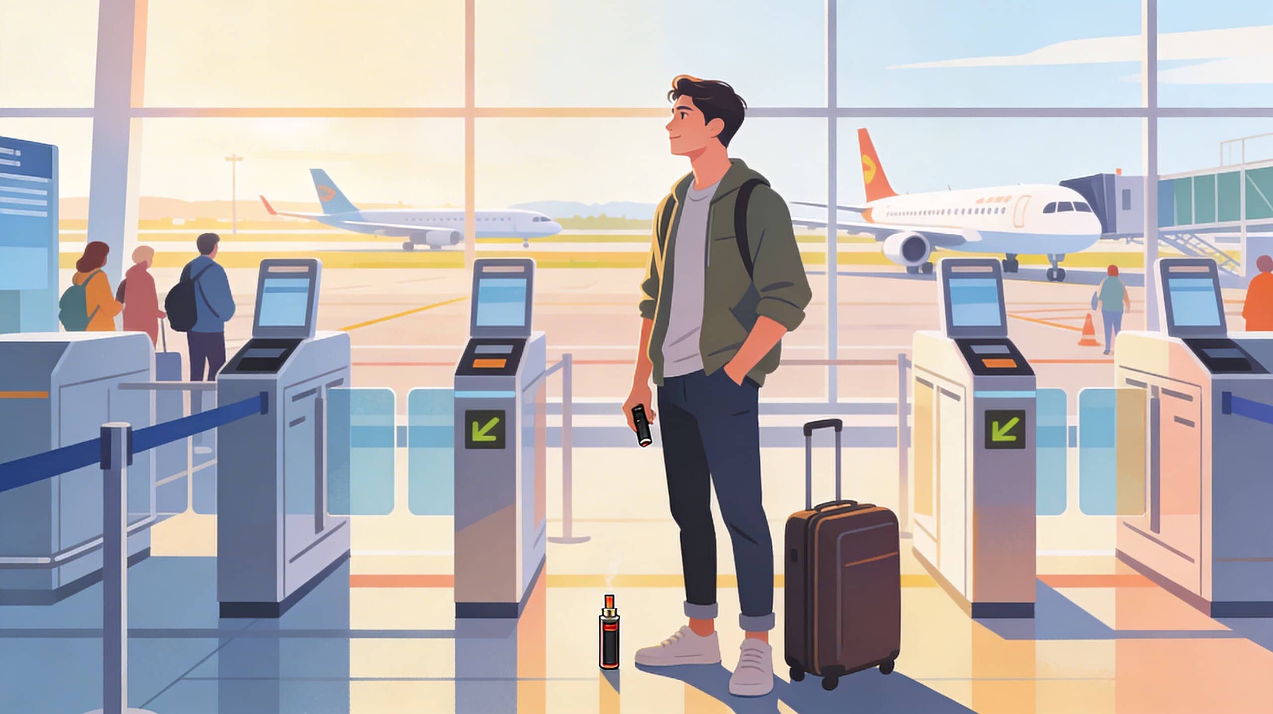 Reisender mit Koffer am Flughafen, bereit für den Urlaub 2026, im Hintergrund Flugzeuge und Check-in-Automaten, symbolisiert die neuen Urlaubsregeln beim Dampfen im Jahr 2026.