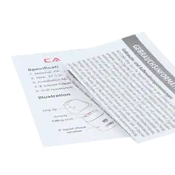 Vordruck mit Gebrauchsanweisung für ein E-Liquid, technische Zeichnung und Produktdetails auf weißem Papier, ideal für Vape-Produkte.