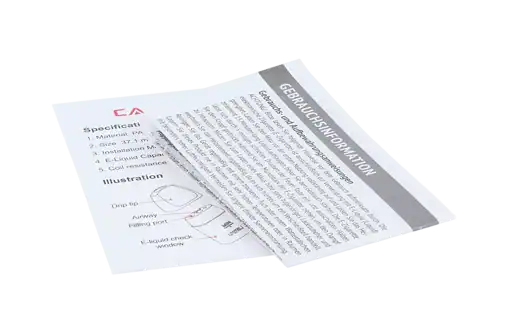 Vordruck mit Gebrauchsanweisung für ein E-Liquid, technische Zeichnung und Produktdetails auf weißem Papier, ideal für Vape-Produkte.