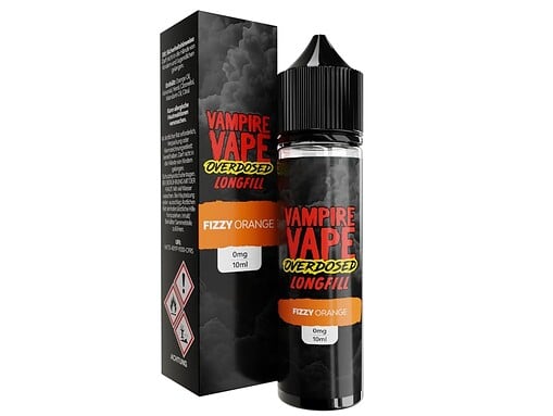 Atemberaubende E-Zigaretten-Flasche mit Vampire Vape Overdose Longfill in Fizzy Orange, perfekt für Dampfer, die nach intensivem Geschmack suchen, mit 10 ml Volumen und nikotinfrei.