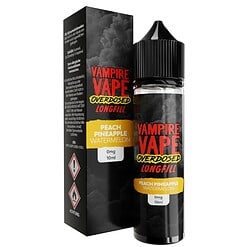 Vampire Vape Overdosed Longfill E-Zigarette mit Pfirsich, Ananas und Wassermelone, 10ml, nikotinfrei, ideal für Dampfer, schwarz-weißes Design, aromatischer Liquid-Flavor.