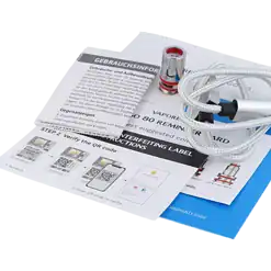 Silikon-Anti-Leak-Adapter für Vaper, weißes Kabel, Metallanschluss, inklusive Bedienungsanleitung und Garantiekarte.