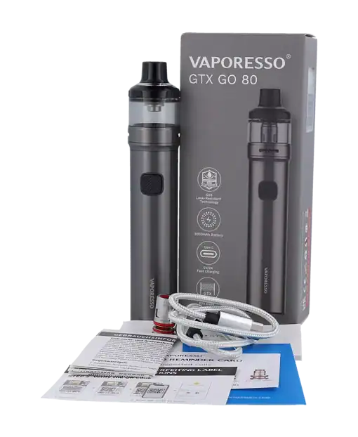 Vaporesso GTX GO 80 E-Zigarette, inklusive Akku, Ladekabel und Bedienungsanleitung, kompakte und leistungsstarke E-Zigarette mit modernem Design.