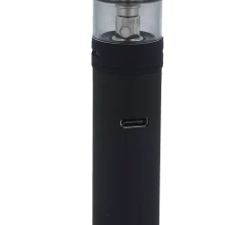 Dampfer mit schwarzem Tank und USB-Ladeanschluss, kompaktes Design, ideal für unterwegs.