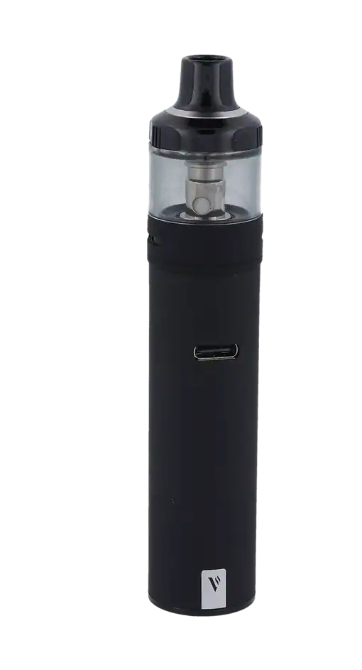 Dampfer mit schwarzem Tank und USB-Ladeanschluss, kompaktes Design, ideal für unterwegs.