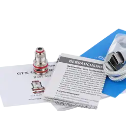 Silberner Verdampferkopf für E-Zigaretten, inklusive Bedienungsanleitung, Ersatzdichtung und USB-Ladekabel, ideal für Vaporizer und E-Zigaretten.