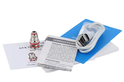 Silberner Verdampferkopf für E-Zigaretten, inklusive Bedienungsanleitung, Ersatzdichtung und USB-Ladekabel, ideal für Vaporizer und E-Zigaretten.