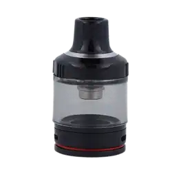 Atemberaubender Blick auf einen schwarzen Verdampfer mit Glasbehälter für E-Zigaretten. Hochwertige Materialien und modernes Design perfekt für Dampfer-Enthusiasten.