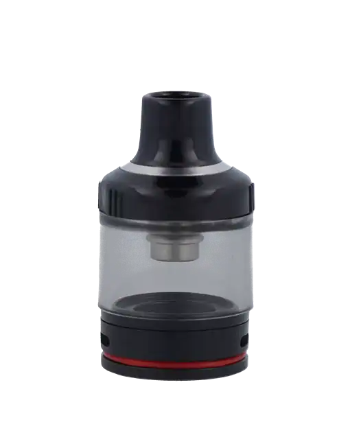 Saftige E-Zigaretten klarglas tank mit schwarzen mundstück und rot gummidichtung, ideal für dampfer, hochwertige Verarbeitung, Dampfgerät, alkoholfreie E-Getränke, moderne Technik, langlebig.