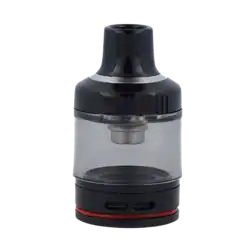 Saubere, kompakte Verdampfer-Kartusche für Vaporizer, transparent mit schwarzem Deckel und roten Akzenten, ideal für die Verwendung mit tragbaren E-Zigaretten und Vape-Geräten.