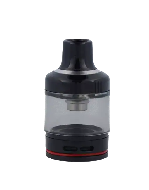 Saubere, kompakte Verdampfer-Kartusche für Vaporizer, transparent mit schwarzem Deckel und roten Akzenten, ideal für die Verwendung mit tragbaren E-Zigaretten und Vape-Geräten.