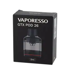 Vaporesso GTX Pod 26 E-Zigaretten-Adapter für Dampfer mit 5ml Kapazität, schwarze Verpackung, modernes Design.