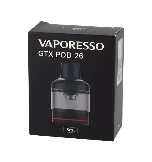 Vaporesso GTX Pod 26 E-Zigaretten-Adapter für Dampfer mit 5ml Kapazität, schwarze Verpackung, modernes Design.