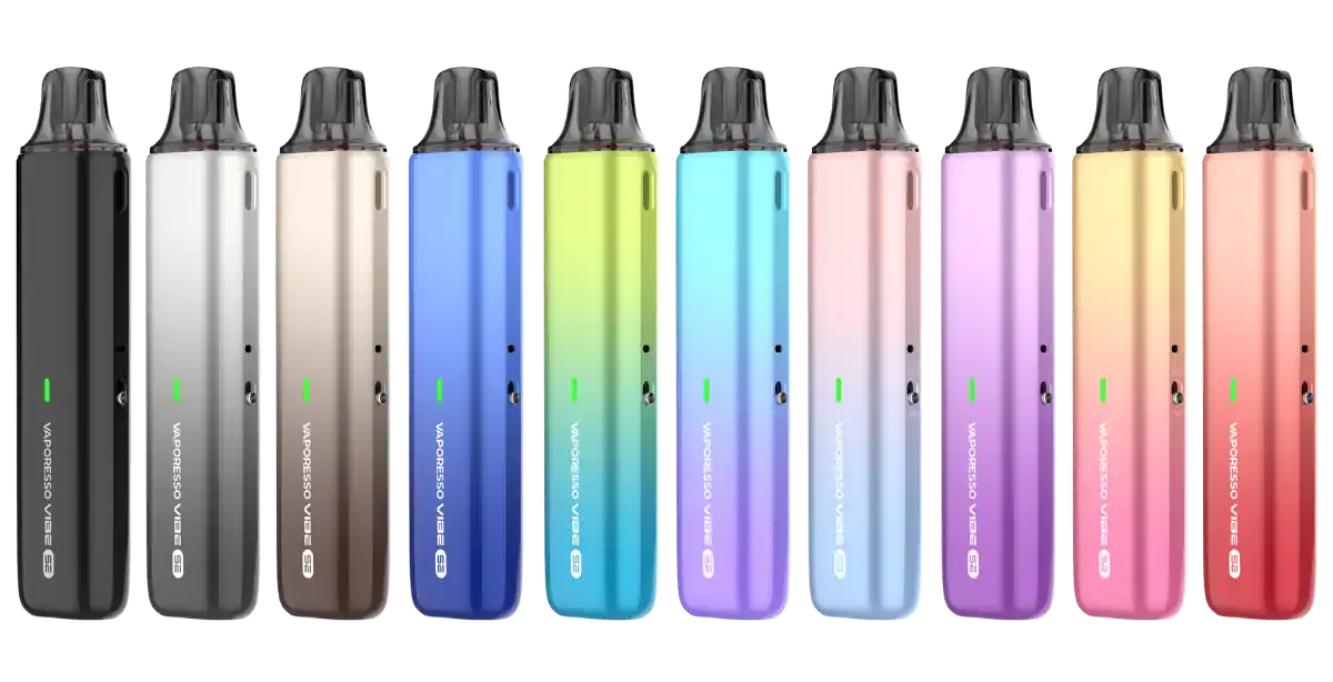 Vaporizer mit buntem Farbverlauf in Schwarz, Weiß, Braun, Blau, Grün, Pink, Lila, Gelb und Rot für E-Zigaretten.