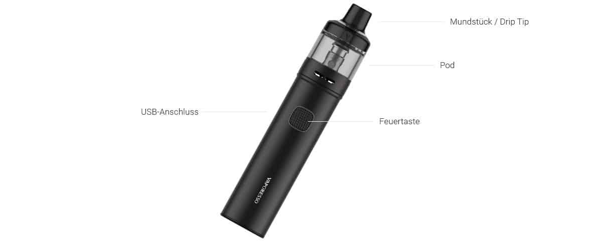 Kompakter Blackvape Pod E-Zigaretten mit USB-Anschluss und Drip Tip, ideal für unterwegs.