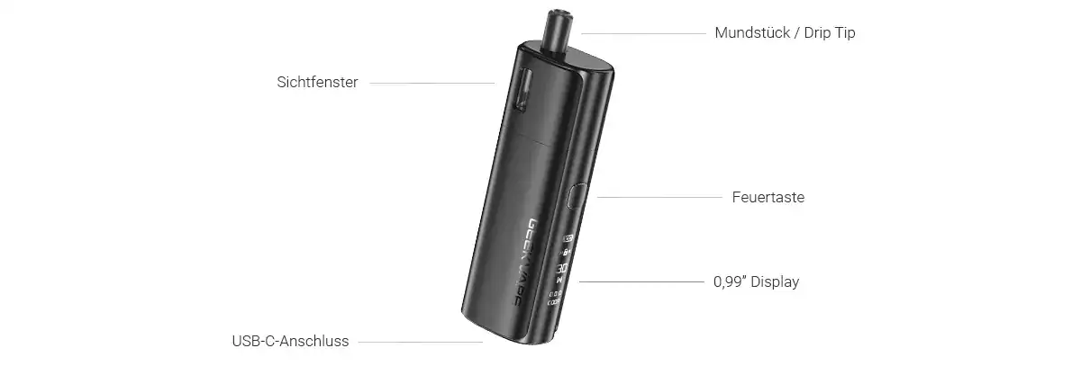Klein, schwarzer Vaporizator mit Drip Tip, Display und USB-C Anschluss, ideal für gelegentliches Vaping, kompakt und einfach zu bedienen.