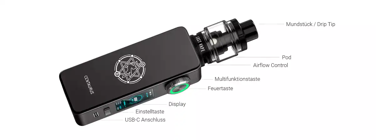 Lost Vape Centaurus M100 Box E-Zigaretten Set 3 Premium Vape Gerät mit Touchscreen, USB-C Anschluss, Multifunktionstaste, Display und Airflow Control, perfekt für Dampfer.