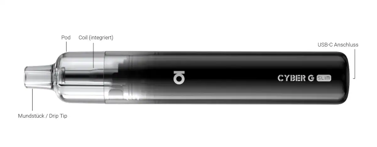 Aspire Cyber G Slim E-Zigaretten Set 5 Hochwertiger Vaporizer CYBER G SLIM in Schwarz mit integriertem Coil, USB-C Anschluss und elegantem Design für Dampfgenuss unterwegs.