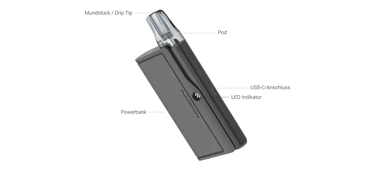 1. Tragbarer Vaporizer mit USB-C-Anschluss, LED-Indikator und Powerbank-Funktion, ideal für unterwegs.