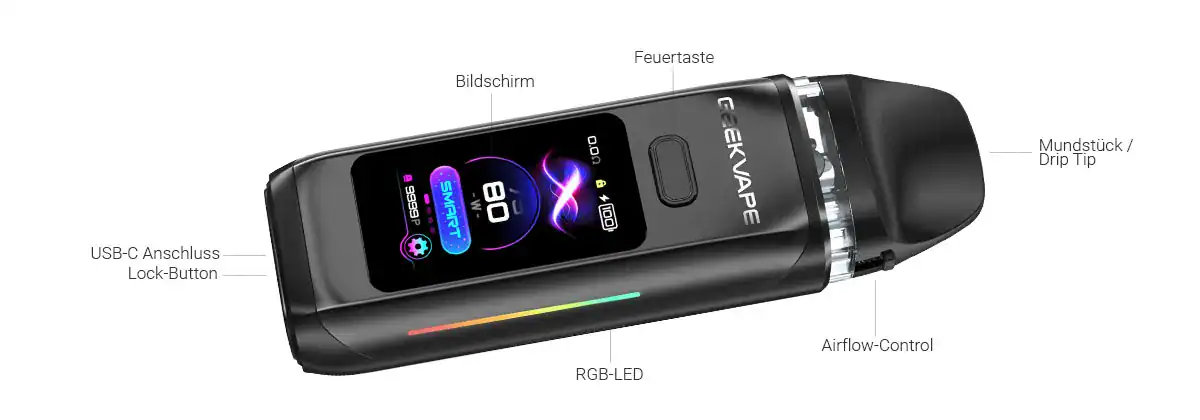 Moderner Vape mit digitalem Farbdisplay, USB-C Anschluss, Airflow-Control und RGB-LED für individuelles Dampferlebnis. Ideal für Vaping-Enthusiasten, kompakt und leistungsstark.