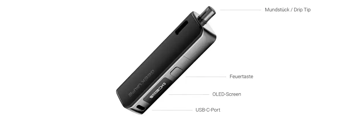Hightech Vaping-Gerät mit OLED-Display, USB-C-Anschluss und Drahtstift für den perfekten Dampfgenuss, kompakt und zuverlässig.