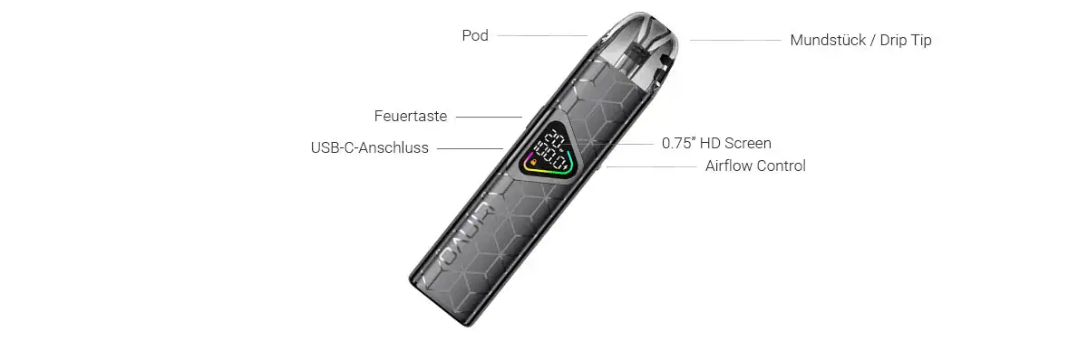 Linvo Force Air Pod E-Zigaretten Set 3 Hochwertiges Vaporizermodel mit 0,75 Zoll HD-Display, USB-C-Anschluss, Drop Tip, Luftstromkontrolle und intuitivem Bedienfeld für optimale Nutzererfahrung.