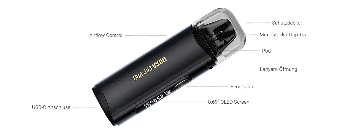 Kompatibles, schlankes BLACKNUGS LARP PRO Vape, mit LED-Anzeige, Schutzdeckel und USB-C-Anschluss, ideal für Dampfer, langlebig und einfach zu bedienen.