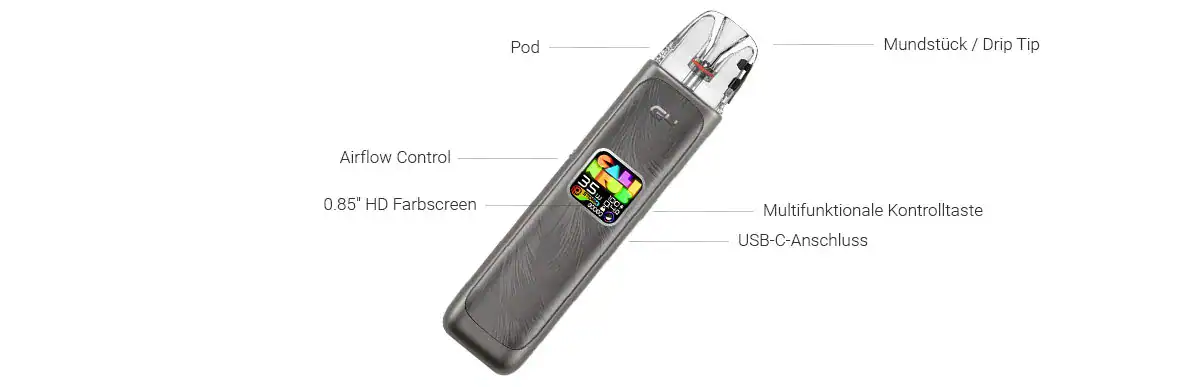 Vape E-Zigarette mit Farbdisplay, Drahtloser USB-C Anschluss, multifunktionale Kontrolle, leistungsstarker Pod, intuitives Design, ideal für Fortgeschrittene und Anfänger, moderne Dampfertechnik.