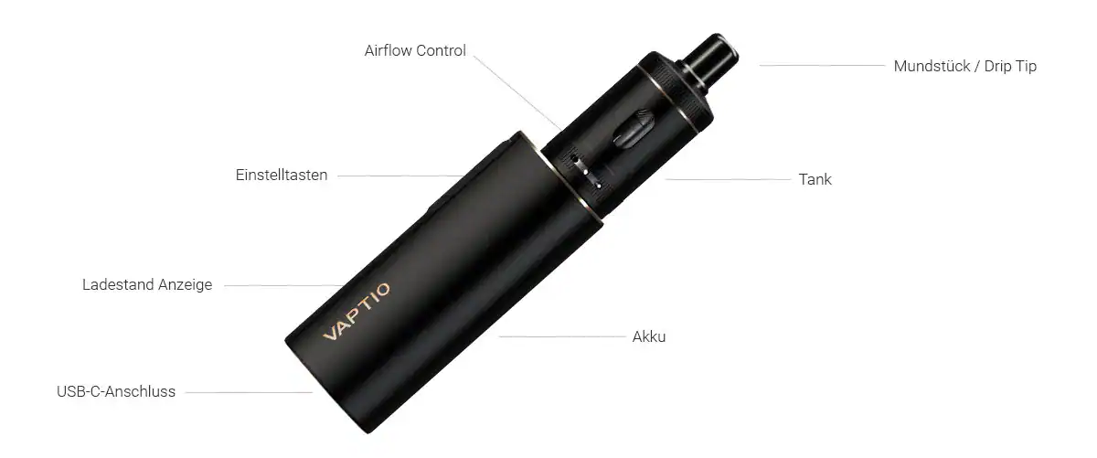 Komplettes E-Zigarette Vaptio mit Tank, Airflow Control, USB-C-Anschluss, Ladestand-Anzeige, Einstelltasten, Akkukompatibilität, modernes Design, für Dampfer; hochwertiges Vape-Zubehör.