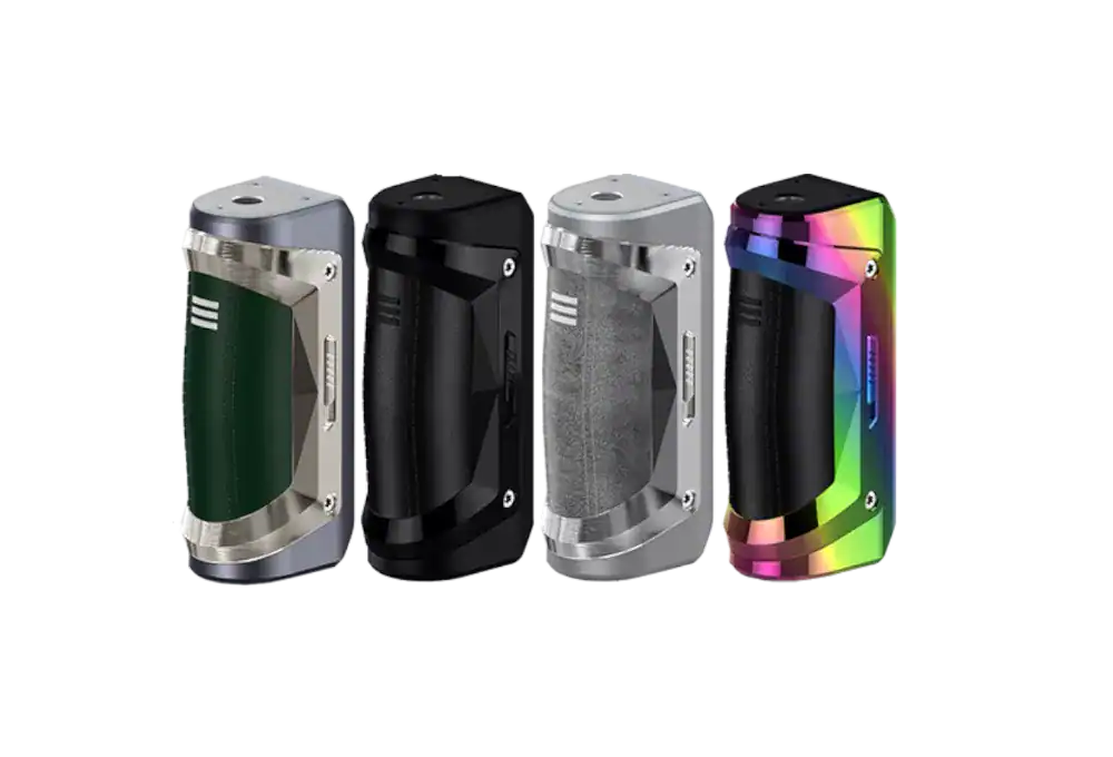 Vape Box Mod in vier Farben: Grün, Schwarz, Silber, Regenbogen, langlebig und hochwertige Verarbeitung, ideal für Vaper und E-Zigaretten.