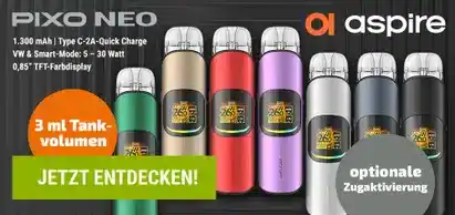 1. Verschiedene Aspire Pixo Neo tragbare E-Zigaretten in bunten Farben mit 1.3ml Tank und 30 Watt Leistung.