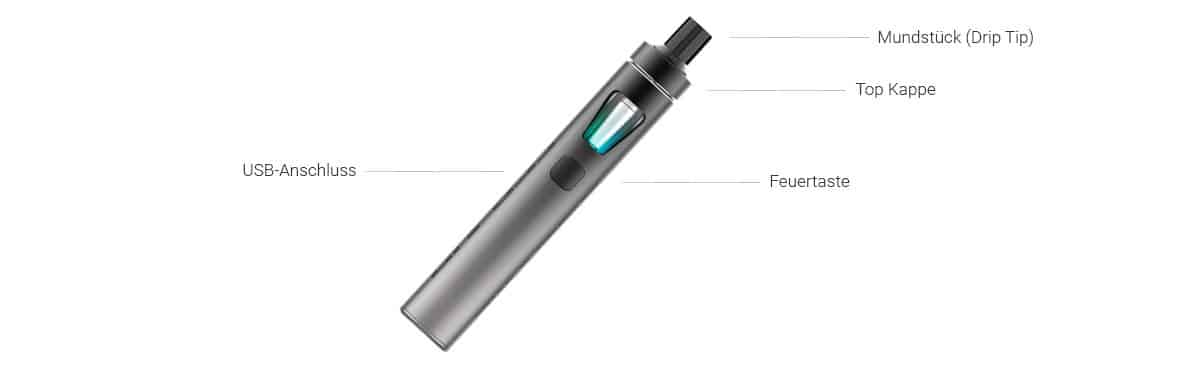 InnoCigs eGo AIO Simple E-Zigaretten Set 19 Mini Vape Pen mit USB-Anschluss, Top-Kappe, Drip Tip und Feuerknopf – ideal für unterwegs.
