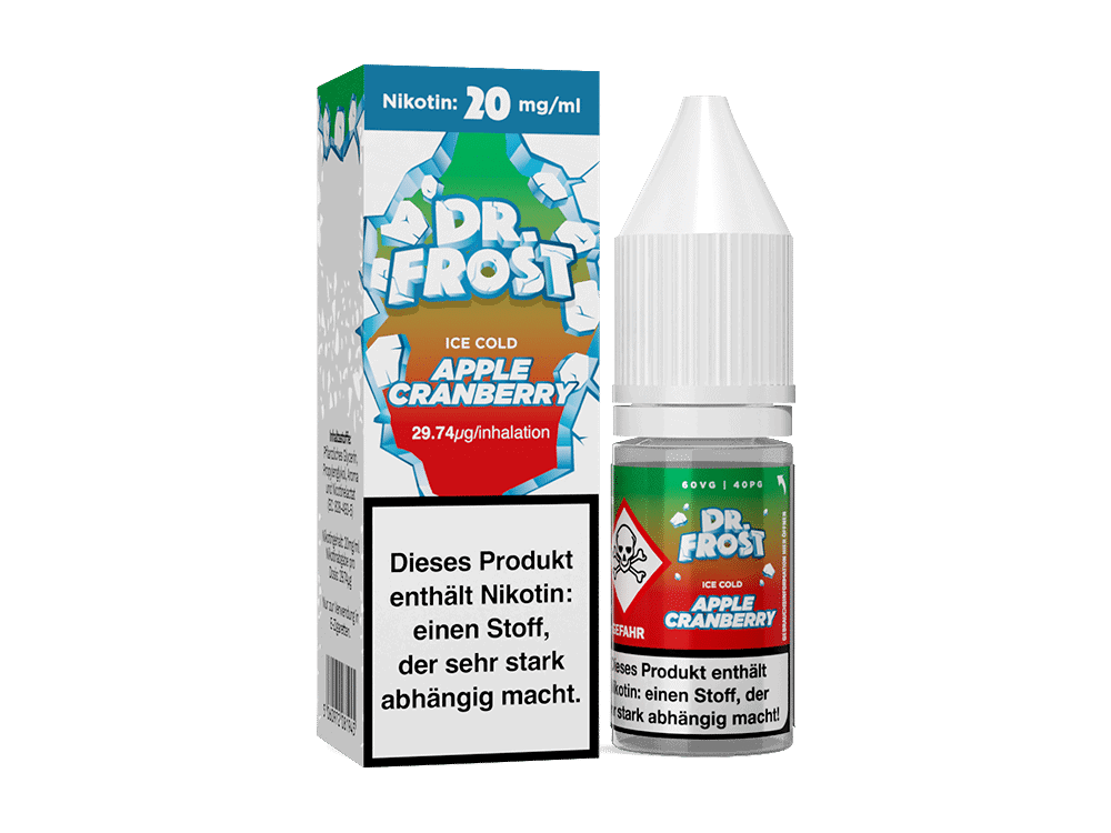 Dr. Frost - Ice Cold - Apple Cranberry - Nikotinsalz Liquid 1 Nikotin E-Liquid Dr. Frost Apple Cranberry, 20 mg/ml, 60 VG/40 PG, 10 ml Flasche, für Dampfer, süßer Geschmack, kalte Apfel-Kranberry-Note, Geschmackskonzentrat, E-Shisha, Vape-Produkt, ohne Nikotinsalze, kaltes Menthol, aromatisiert.