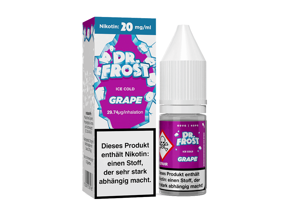 Dr. Frost - Ice Cold - Grape - Nikotinsalz Liquid 1 Nikotin Liquid Dr. Frost Grape bei LETZ Go, 20 mg/ml, für E-Zigaretten, erfrischender Traubengeschmack.