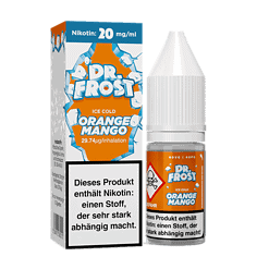 Nikotinfrei E-Liquid Dr. Frost Orange Mango in Flasche und Verpackung, geeignet für E-Zigaretten, mit 20 mg/ml Nikotin, aromatisiert mit Orange und Mango, ideal für den erfrischenden Genuss.