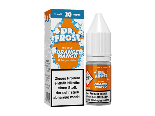 Nikotinfrei E-Liquid Dr. Frost Orange Mango in Flasche und Verpackung, geeignet für E-Zigaretten, mit 20 mg/ml Nikotin, aromatisiert mit Orange und Mango, ideal für den erfrischenden Genuss.