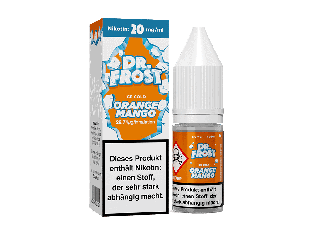 Dr. Frost - Ice Cold - Orange Mango - Nikotinsalz Liquid 1 Nikotinfrei E-Liquid Dr. Frost Orange Mango in Flasche und Verpackung, geeignet für E-Zigaretten, mit 20 mg/ml Nikotin, aromatisiert mit Orange und Mango, ideal für den erfrischenden Genuss.