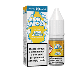 Atemberaubendes Bild eines E-Liquid-Fläschchens mit Dr. Frost Pine Apple Geschmack und passender Verpackung, ideal für Vape-Enthusiasten, die erfrischenden, kühlen Apfelgeschmack suchen.