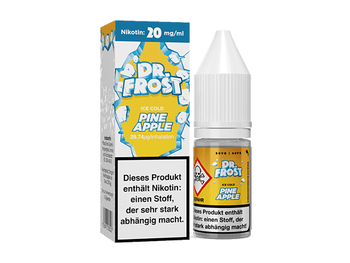 Atemberaubendes Bild eines E-Liquid-Fläschchens mit Dr. Frost Pine Apple Geschmack und passender Verpackung, ideal für Vape-Enthusiasten, die erfrischenden, kühlen Apfelgeschmack suchen.