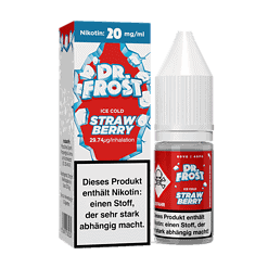 Aromatisiertes E-Liquid Dr. Frost Erdbeere in 10ml Flasche mit Nikotingehalt, geeignet für E-Zigaretten und Vape-Liebhaber, mit auffälligem Packaging im Streifen-Design.