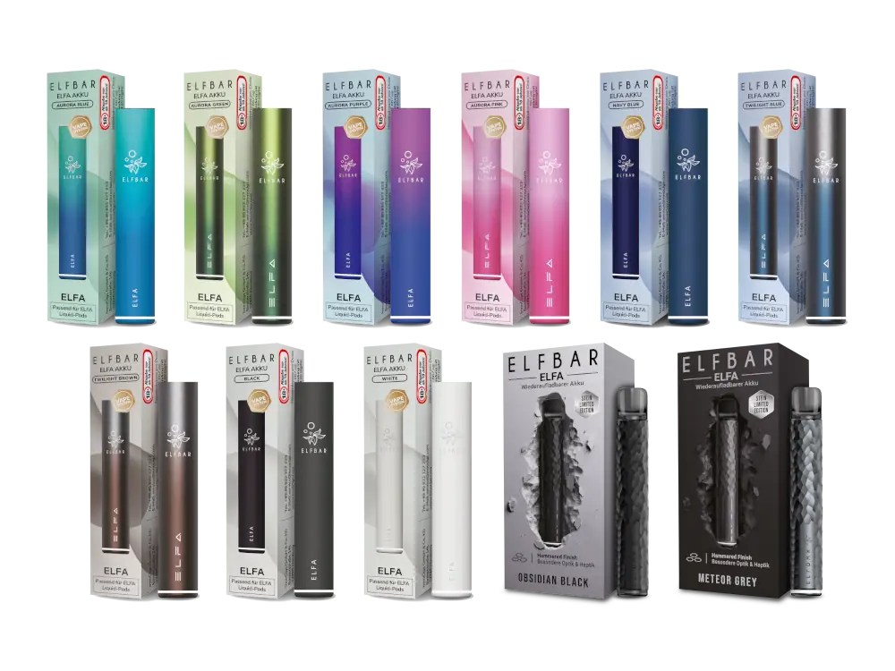 Elf Bar Elfa Akku 500 mAh 2 Bunte Elfbar E-Zigaretten in verschiedenen Farben und Geschmacksrichtungen, inklusive Verpackungen und Nachfüllpatronen, ideal für Vape-Enthusiasten.