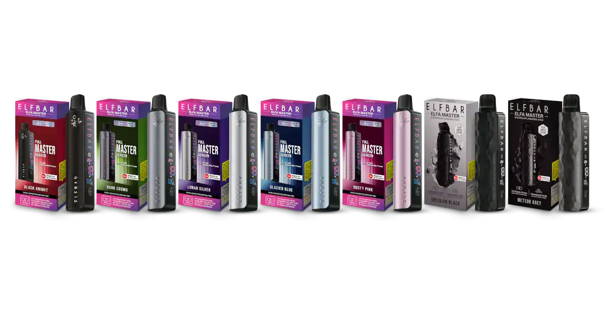 ELFBAR ELFA MASTER E-Zigarette, verschiedene Geschmacksrichtungen, Verpackung im Einzelhandel, hochwertige Aromen, für Dampfer, innovative Nikotin-Produkte, stylische Designs, vaporizer, Liquids, Tabakfrei, Nikotin-E-Liquid, elektronische Zigarette, modern, trendy, Ladengeschäft, Shop, Online-Shop, Rauchartikel.