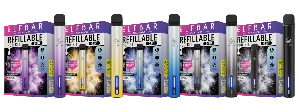 Elfbar Elfa Turbo E-Zigaretten Set 2 Refillbare Elfbart Turbo Pod Kits in verschiedenen Farben, inklusive liquid, ideal für E-Zigaretten.