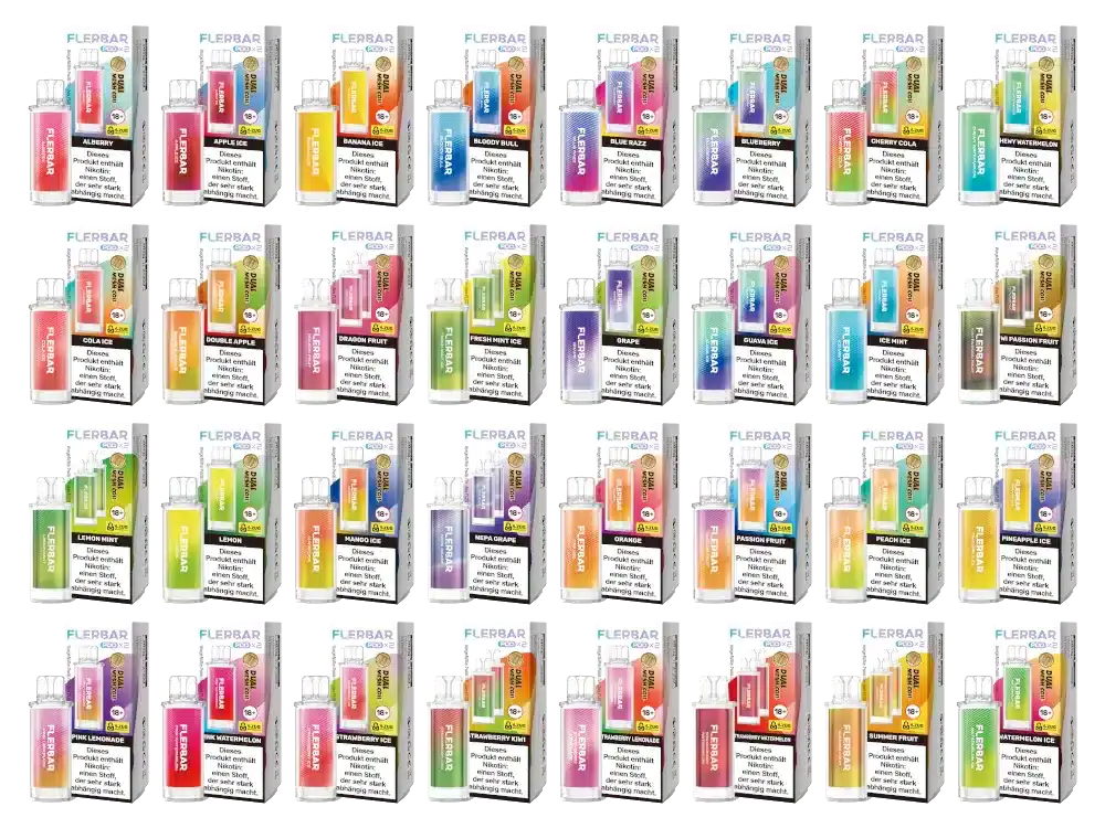 Flerbar POD 2 Flacher vitaminhaltiger E-Zigaretten-Aromen-Set, verschiedene Geschmacksrichtungen, Puffbar, 20er Pack.