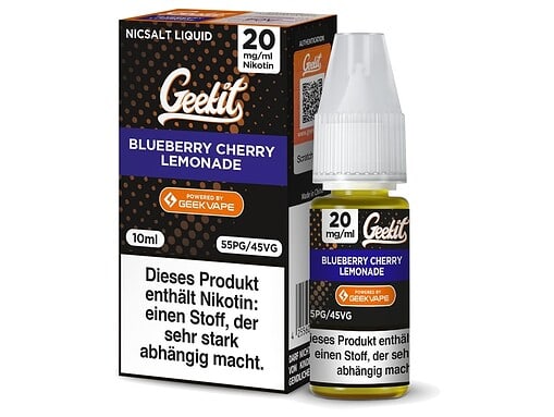 Blau-weiße E-Liquid Flasche mit Nikotin und sweetlichem Blueberry Cherry Lemonade Geschmack.