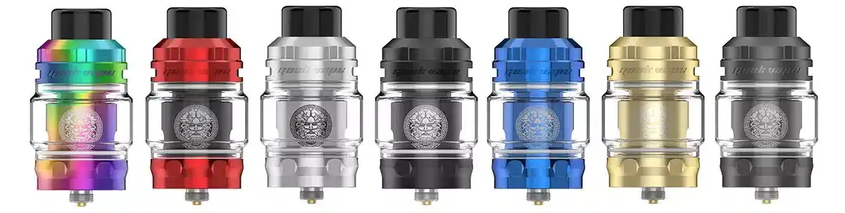 Farbenfroher Vape-Tank in Regenbogen-, Rot-, Silber-, Schwarz-, Blau-, Gold- und Dunkelgrau-Designs für E-Zigaretten.