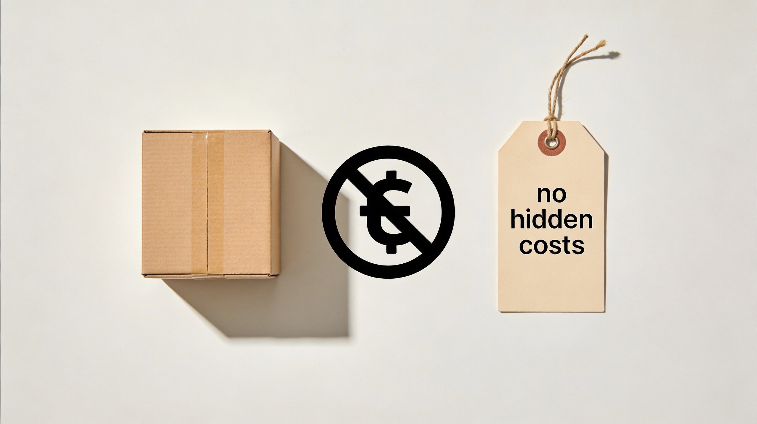 Ein kleines Paket und ein Preisschild mit "no hidden costs".