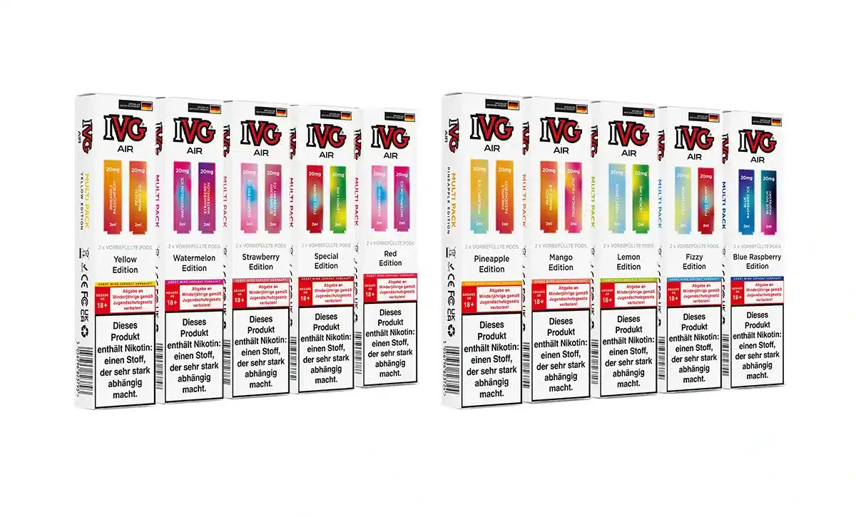 IVG AIR E-Zigarettenpacks in verschiedenen Geschmacksrichtungen, farbige Verpackungen, Nikotinfreie Edition und verschiedeneLimitierungen. Perfekt für Dampfer, die Geschmackvielfalt suchen.
