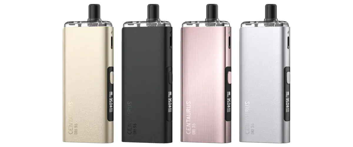 Vape-Dampfer mit farbigen Oberflächen in Gold, Schwarz, Rose und Silber, elektronisches Zigaretten-Device, langlebig und stylisch, für Dampfer, moderne Vape-Ausrüstung, tragbar, innovatives Design.